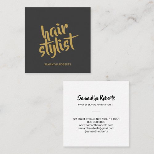 Modern hair stylist minimal script gray gold square business card