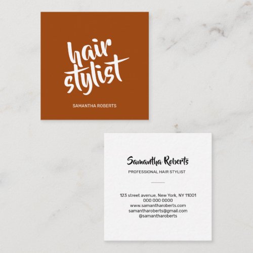 Modern hair stylist minimal script terracotta square business card
