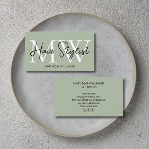 Modern Hair Stylist Monogram Sage Green  Business Card