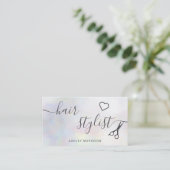 Modern hair stylist pearl nacre scissors business card (Standing Front)