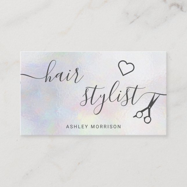Modern hair stylist pearl nacre scissors business card (Front)