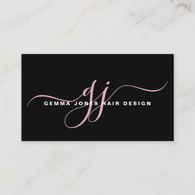 Modern Hair Stylist Pink Script Monogram Black Business Card (Front)