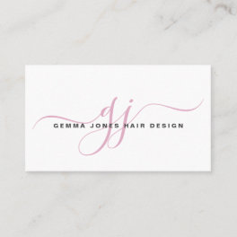 Modern Hair Stylist Pink Script Monogram White Business Card
