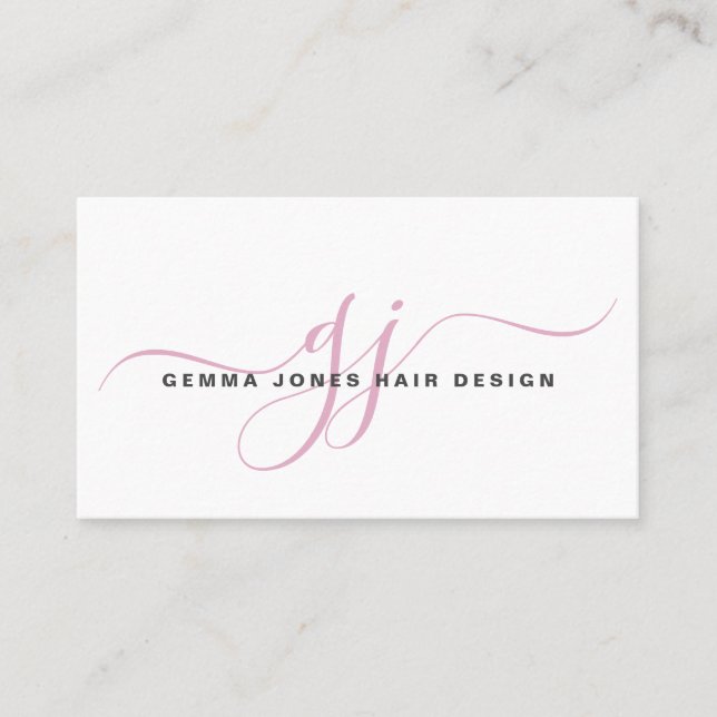 Modern Hair Stylist Pink Script Monogram White Business Card (Front)