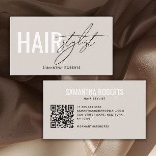 Modern hair stylist QR Code beige Business Card