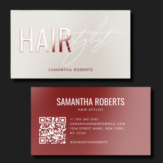 Modern hair stylist QR Code beige red Raised Spot UV Business Card