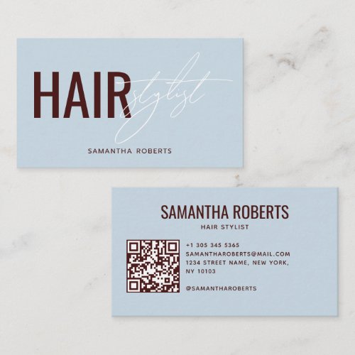 Modern hair stylist QR Code blue red Business Card