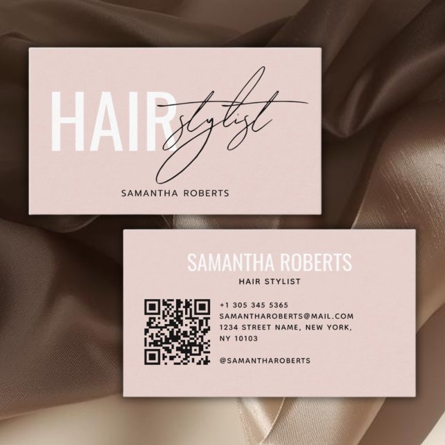 Modern hair stylist QR Code blush pink Business Card (Creator Uploaded)