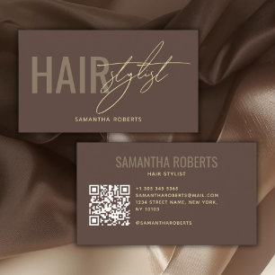 Modern hair stylist QR Code brown Business Card