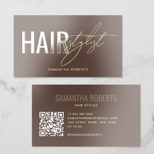 Modern hair stylist QR Code brown Raised Spot UV Business Card