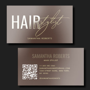 Modern hair stylist QR Code brown Raised Spot UV Business Card