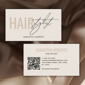 Modern hair stylist QR Code cream Business Card