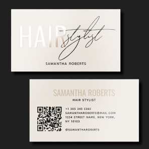Modern hair stylist QR Code cream Raised Spot UV Business Card