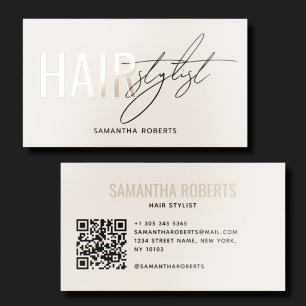 Modern hair stylist QR Code cream Raised Spot UV Business Card