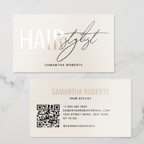 Modern hair stylist QR Code cream Raised Spot UV Business Card