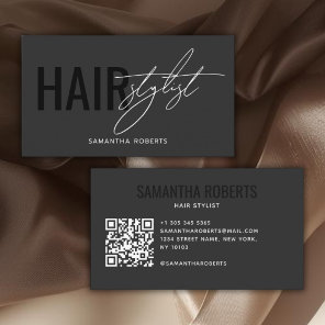 Modern hair stylist QR Code gray black Business Card