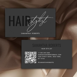 Modern hair stylist QR Code gray black Business Card