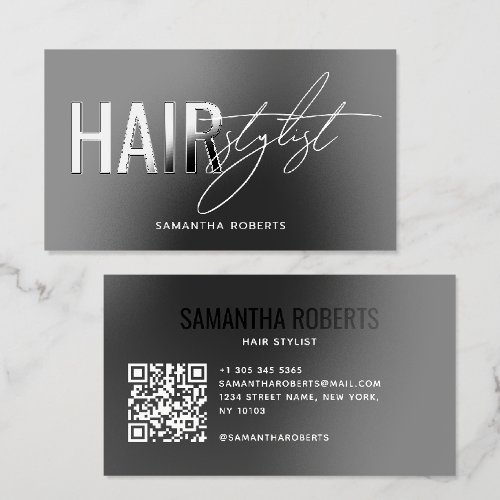 Modern hair stylist QR Code gray black Raised Spot UV Business Card
