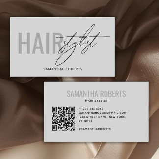 Modern hair stylist QR Code gray Business Card