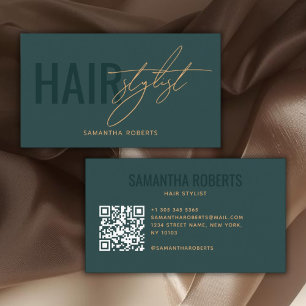 Modern hair stylist QR Code green Business Card