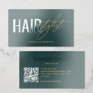 Modern hair stylist QR Code green Raised Spot UV Business Card