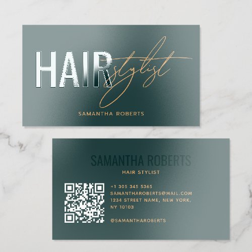 Modern hair stylist QR Code green Raised Spot UV Business Card