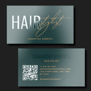 Modern hair stylist QR Code green Raised Spot UV Business Card