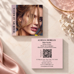 Modern Hair Stylist Qr Code Photo Blush Pink Square Business Card