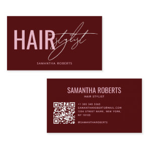 Modern hair stylist QR Code red Business Card