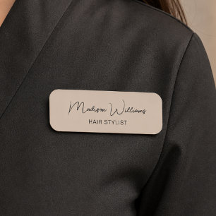 Modern Hair Stylist Salon Beige Name Tag