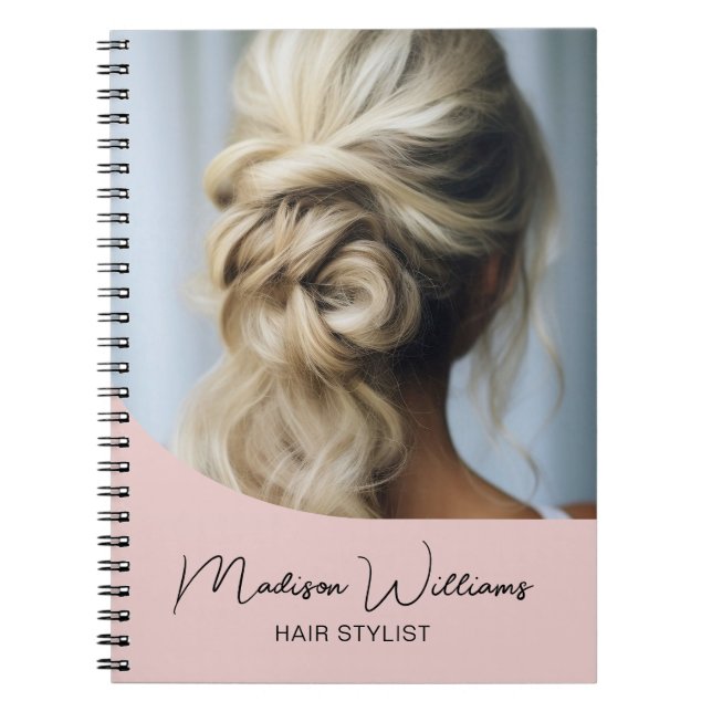 Modern Hair Stylist Salon Custom Photo Script Pink Notebook (Front)