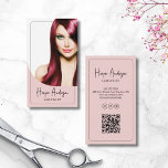 Modern Hair Stylist Salon Photo QR Pink Business Card