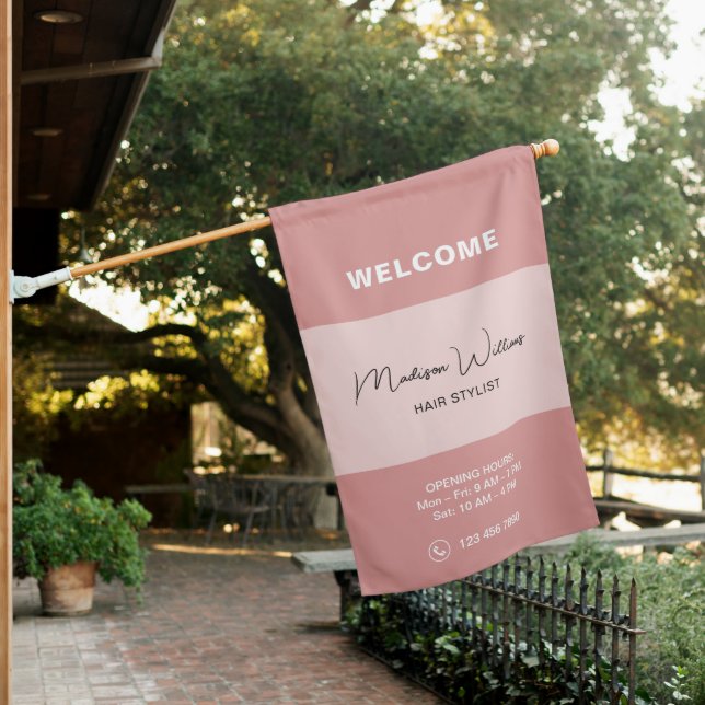 Modern Hair Stylist Salon Pink Welcome Flag (In SItu)