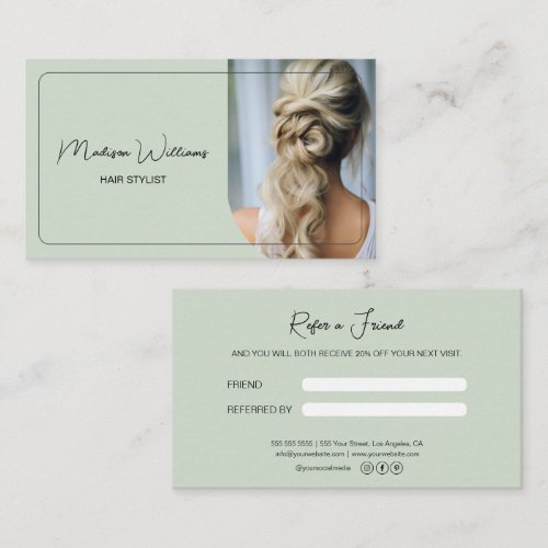 Modern Hair Stylist Salon Sage Green Referral Card