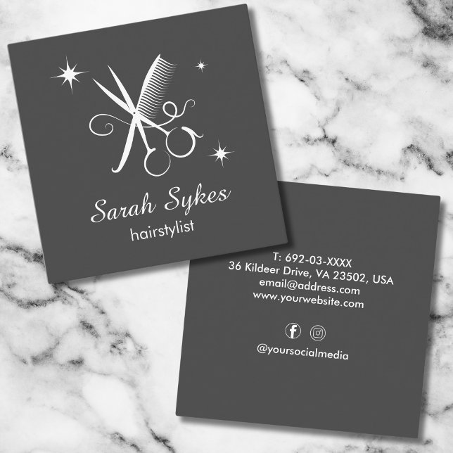 Modern Hair Stylist Scissors Barber Dark Grey Square Business Card (Creator Uploaded)