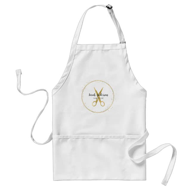 Scissors Apron Modern Hair Stylist Scissors Black Gold Name Adult Apron | Zazzle