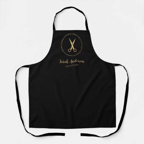 Modern Hair Stylist Scissors Black Gold Name Apron