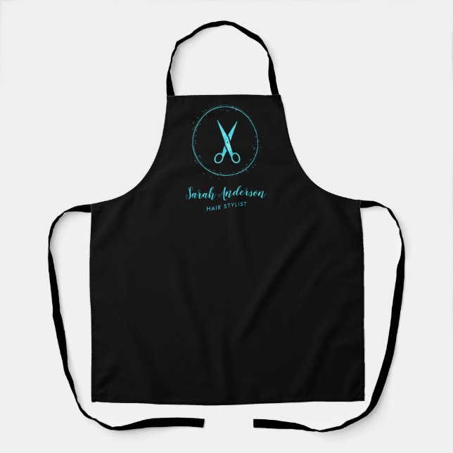 Modern Hair Stylist Scissors Black Teal Name Apron (Front)