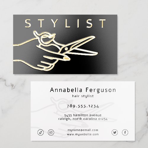 Modern Hair Stylist Scissors Minimal Black White Foil Spot Gloss Business Cards