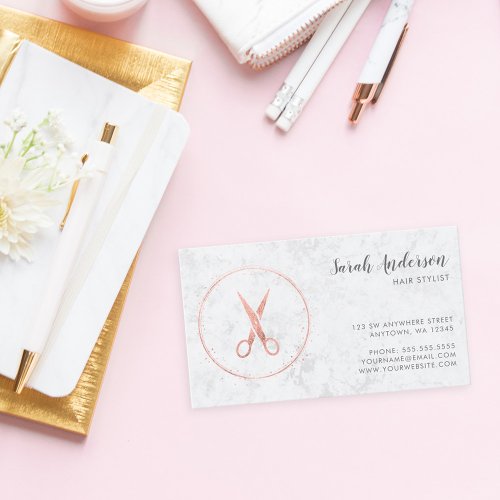 Modern Hair Stylist Scissors Rose Gold Marble Business Card