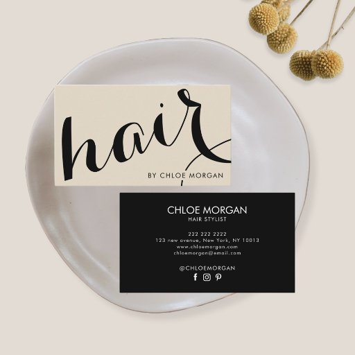 Customizable Modern hair stylist script beige business card
