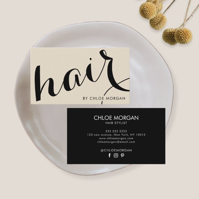 Modern hair stylist script beige business card (Creator Uploaded)