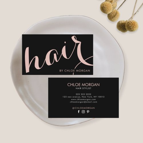 Modern hair stylist script black and rose gold business card