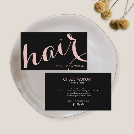 Customizable Modern hair stylist script black and rose gold business card
