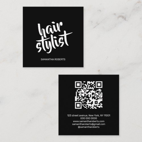 Modern hair stylist script black qr code square business card
