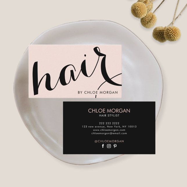 Modern hair stylist script blush pink  business card (Creator Uploaded)