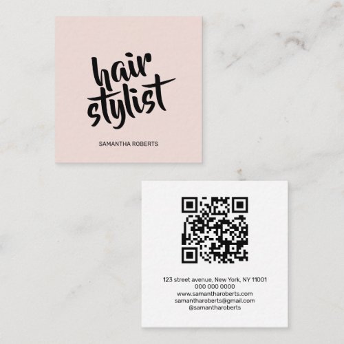 Modern hair stylist script blush pink qr code  square business card