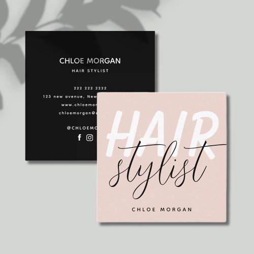 Modern hair stylist script blush pink square business card