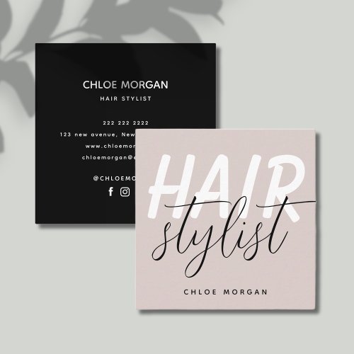 Modern hair stylist script dusty pink square business card