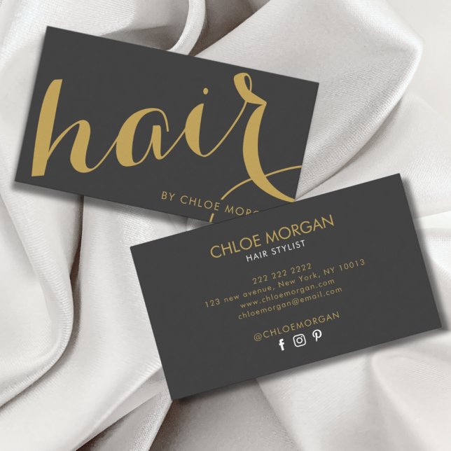 Modern hair stylist script gray gold  business card (Creator Uploaded)
